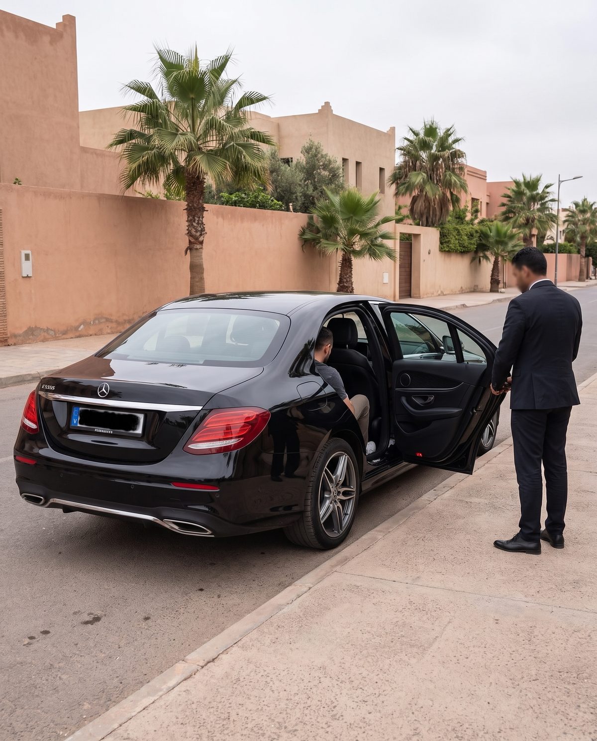 Atlas chauffeur holding the door of an executive sedan in Agadir