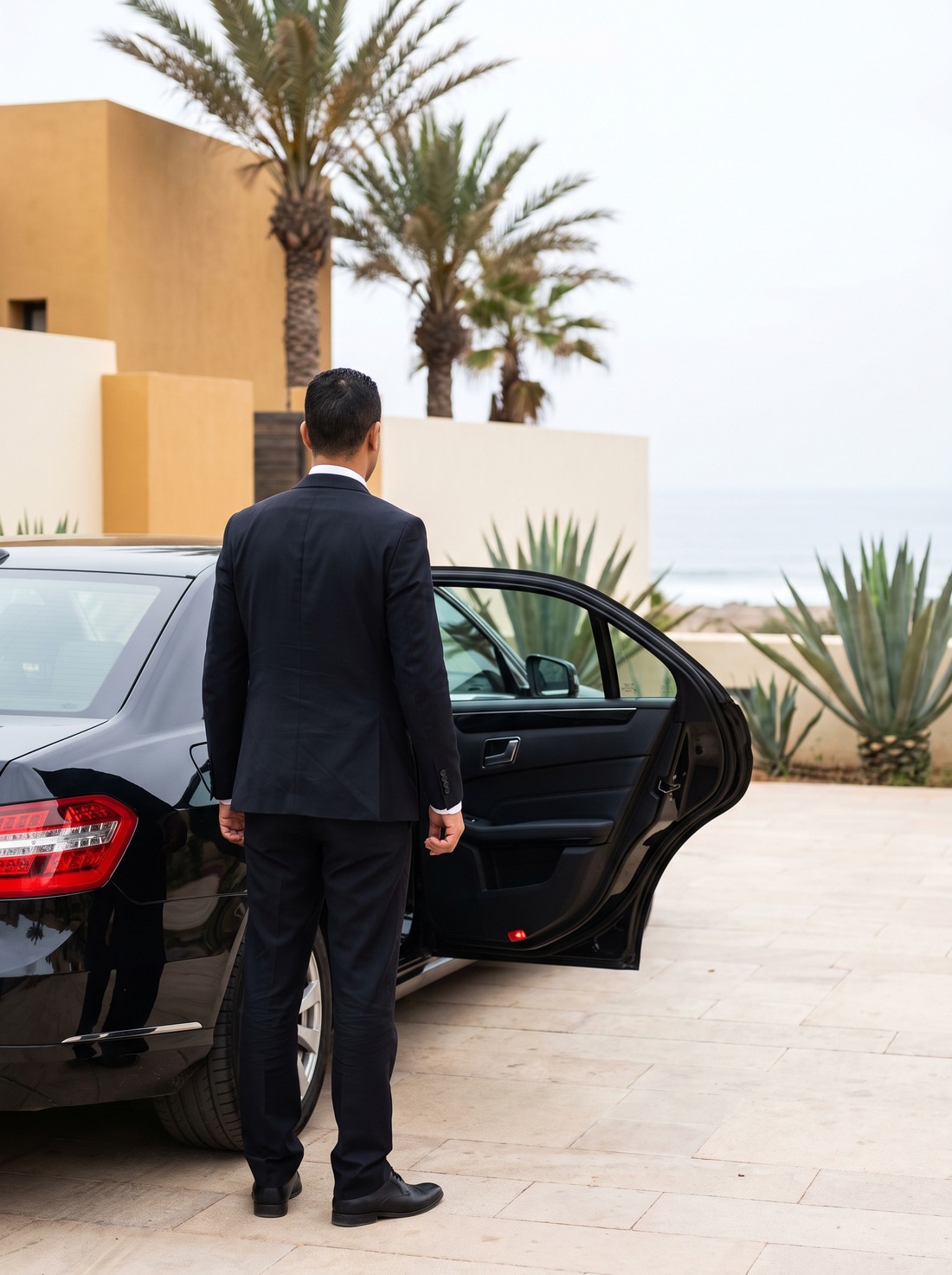 Atlas chauffeur holding the rear door of a black Mercedes E-Class in Agadir